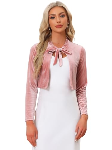 Image of Allegra K Velvet Crop Shrug for Women's Tie Front Long Sleeve Elegant Bolero Cardigan