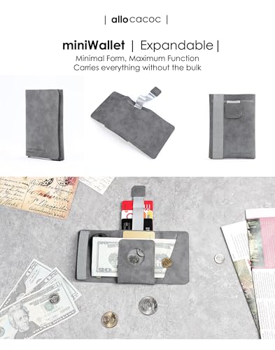 Allocacoc miniWallet Expandable Slim Minimalist Trifold RFID Leather Wallet, Quick Access Pull Strap, Compact Durable Card Holder with Elastic Band; Key Coins Cash Card; Gift women & men Grey2