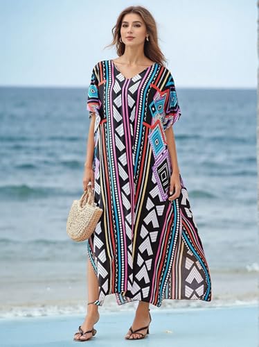 Image of IMAGEKOPE Kaftan Dresses for Women Plus Size Bathing Suit Cover up Vneck Batwing Dress Loose fit Moroccan Caftan mumu Dresses