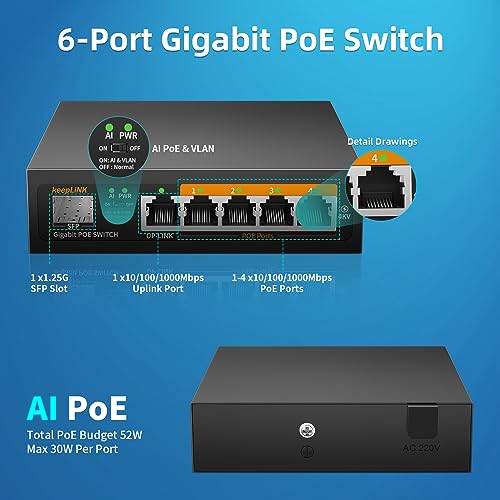 keepLiNK 6 Port Gigabit PoE Switch, 4 PoE+ Ports 1000Mbps, 1 Gigabit Uplink, 1 SFP Slot, 52W 802.3af/at, VLAN Mode - Image 2