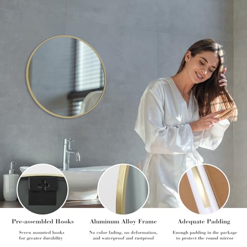 Image of Sweetcrispy 20 Inch Round Wall Mirror with Tempered Glass, Bathroom Mirror Over Sink, Anti-Fog & Waterproof Round Mirrors for Bathroom, Entryway, Bedroom, Shatterproof Design, Gold