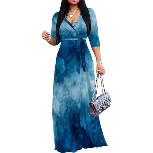 Image of PinkPatty Women's Print Maxi Dresses 3 /4 Sleeve Flowy Long Dress V Neck Wrap Tie Waist Sundress