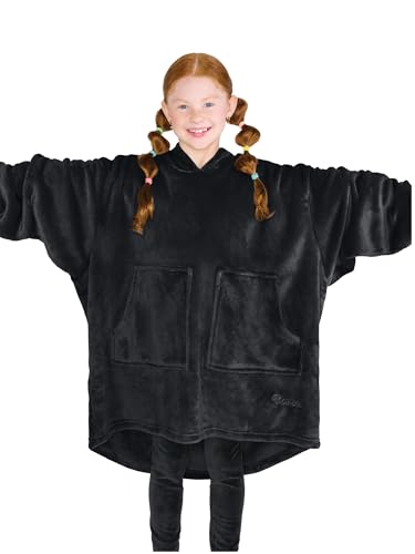 Bare Home Microplush Wearable Blanket with Split Front Pockets - Soft and Plush - Warm and Cozy - Adult &amp; Kid Sizes (Kids, Black)