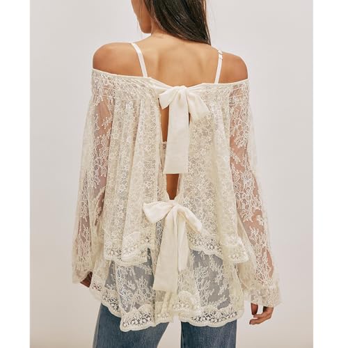 Women Sexy Lace Off Shoulder Top Long Puff Sleeve Tiered Sheer Mesh See Through Tunic Shirt Retro Y2K Dressy Blouse3