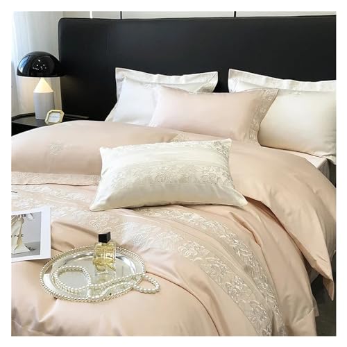 GUHPZA Juego De Sábanas, Juego De Ropa De Cama con Bordado De Lujo, 1000 Hilos, Algodón Egipcio, Edredón, Funda De Edredón, Funda De Almohada, Sábana Plana Tamaño King,Beige-King Size 4pcs