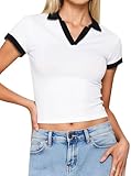 SOFIA'S CHOICE Womens Polo Shirts Short Sleeve Crop Top Color Block T Shirts Summer Tees White Large