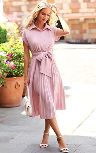 Image of ECOWISH Womens Casual Midi Dresses Solid V Neck Short Sleeve Button Shirt Belted Dress with Pockets for Spring Summer 2026