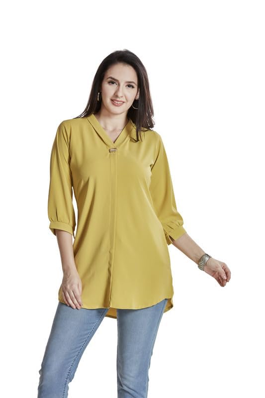 Image of nioni Women's Purple Poly Linen Blend Tunic Top with 3 /4 Sleeves, Printed Yoke, Kantha Stitch Detailing & Mandarin Collar