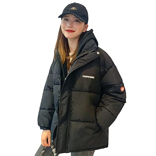 [Ｋａｙｉｙａｓｕ] ダウンジャケット レディース 重ね着風 フード付き 中綿 コート カジュアル ショート丈 防風 防寒着 普段使い ゆったり 体型カバー 厚手 秋冬(XXL ブラック)