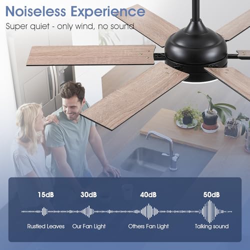 52-Inch Black Ceiling Fans with Lights and Remote - Quiet DC Motor, Dimmable 3 Colors, 6 Speeds for Living Room, Kitchen, and Patio