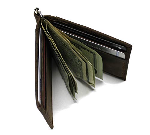 Rugged Leather Front Pocket Wallet with Spring Clip for Bills - Crazy Horse Cowhide