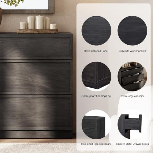 Image of WAMPAT Wided Nightstand with 3 Drawers, Modern Tall End Table with Large Storage for Bedroom, Bedroom Wooden Side Table and Closet Organizer, Black, 1 Pc