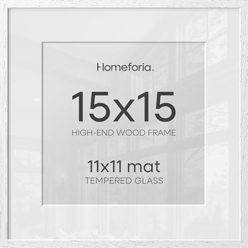 Image of Homeforia 15x15 White Picture Frame, High End Oak 15 x 15 Square Wood Frames with Mat 11 by 11 inches Photo, 15by15 White Wooden Poster Frames Matted to 11x11 Print, Tempered Glass, Wall Kit, Set of 1