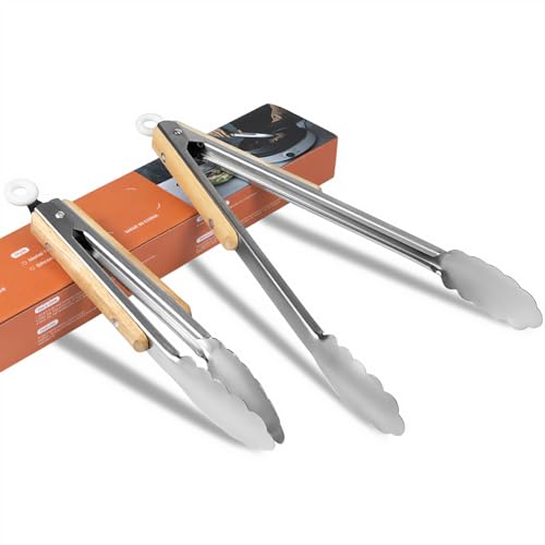 Stainless Steel Kitchen Tongs with Oak Wood Handle - Heat Resistant, Heavy Duty Locking Tongs for Cooking, BBQ, Salad, and Serving - Set of 2 (9