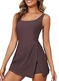 Aleumdr One Piece Swimdress for Women Tummy Control Swimsuit Split Swim Dress with Shorts Skirt Bathing Suit Dark Brown Medium