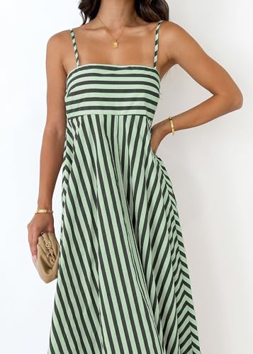 Image of Women Striped Maxi Dress Smocked Backless Spaghetti Strap Long Flowy Dress Sleeveless Boho Aline Sundress