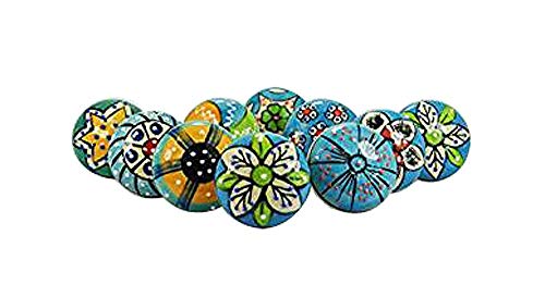 Lot de 10 boutons de tiroir en céramique couleur bleu ciel avec différents designs et parties en chrome.