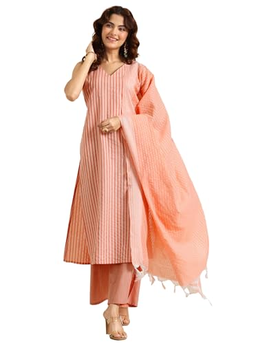 Image of Libas Woven Design Cotton Blend Straight Kurta with Palazzo and Dupatta