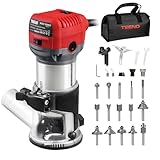 TEENO Wood Router, 6.5 Amp 1.25 HP Compact Router Tools for Woodworking, 13000-33000 RPM Hand Trim Router with 15pcs 1/4' Bits Set, 6 Variable Speeds, Edge Guide, Roller Guide