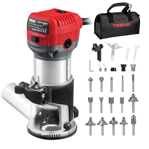 TEENO Wood Router, 6.5 Amp 1.25 HP Compact Router Tools for Woodworking, 13000-33000 RPM Hand Trim Router with 15pcs 1/4" Bits Set, 6 Variable Speeds, Edge Guide, Roller Guide