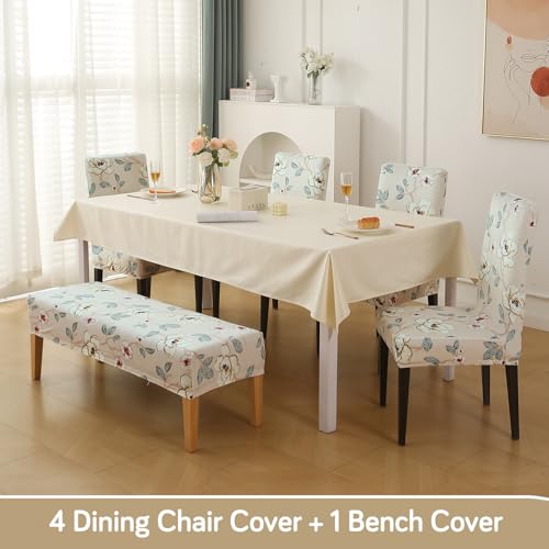 Image of HOKIPO Premium Velvet Cover Set for 4 Dining Chairs + 1 Dining Bench, Buttercream Magnolia Whisper (AR-5799-D5)