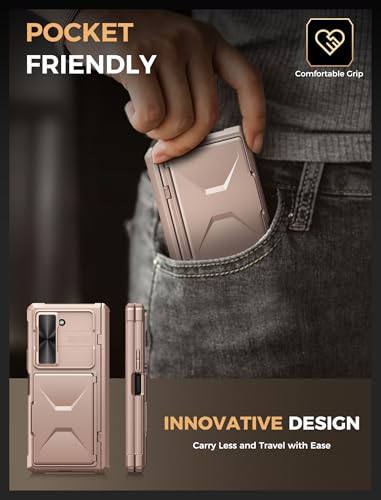 Image of Vihibii for Samsung Galaxy Z Fold 6 Case with Card Holder & Camera Cover & Hinge Protection & Screen Protector, [Military Grade Drop Protection] Heavy Duty Rugged Wallet Case for Z Fold 6, Rose Gold