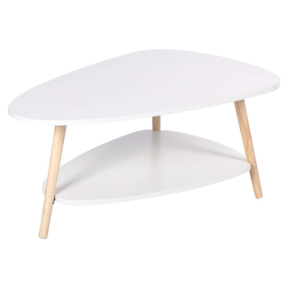 Ovaler Beistelltisch, Zweischichtiger Couchtisch mit Holzbeinen, Weiß 90 * 60 * 40cm | Platzsparender Beistelltisch im Skandinavischen Design