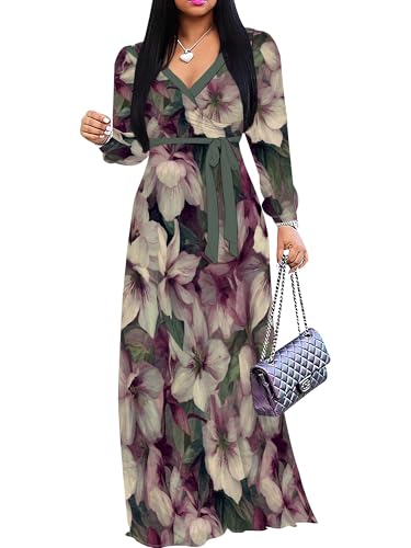 Image of SUZONANA Plus Size Dresses for Women Floral Print Maxi Dress Flowy 3 /4 Sleeve with Belt