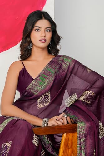 Image of MIRCHI FASHION Women Saree Abstract Print Chiffon | Breathable Lightweight Casual Sari for Regular Use and Office with Unstitched Blouse (Available in 25 Colors)