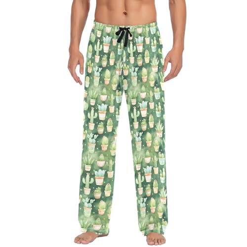 Men's Cute Cactus Pajama Pants with Pockets - Straight Fit Cotton Sleep Bottoms for Lounge & Nightwear#7192