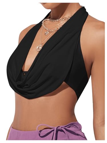 SweatyRocks Women's Draped Halter Top Cut Out Sleeveless Y2k Cropped Tank Top Clubwear