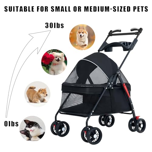 OMDOCA Carrinho de passeio com gaiola dobrável para cães e gatos, com cesta de armazenamento e supor