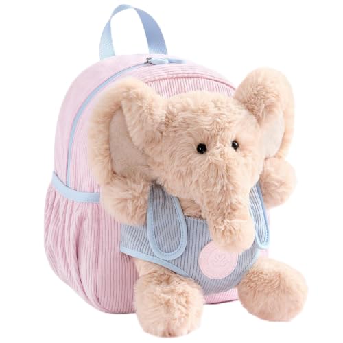 LOVEVOOK Kids Toddler Backpack with Detachable Elephant Plush, Soft Corduroy Cute Preschool Backpack for Girls, Lightweight School Bag for 3 Year Old Boy Birthday Gift & Christmas