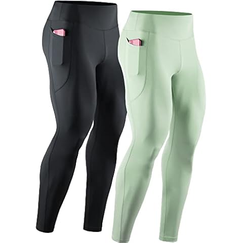 NELEUS Men's Dry Fit Compression Baselayer Pants Running Tights Leggings with Phone Pocket, 6108# Black/Light Green,2 Pack, Medium Cover
