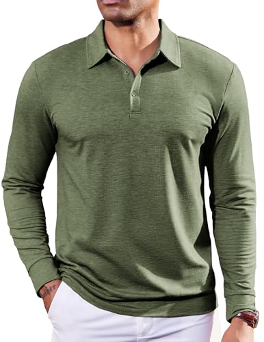 COOFANDY Men's Long Sleeve Polo Shirt, Army Green, Medium