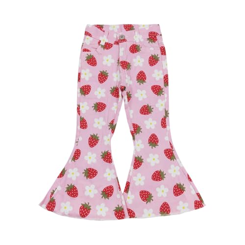 Todder Western Strawberry Printed Pink Girl Jeans Ruffle Bell Bottom