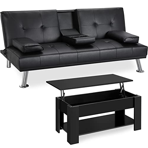 Yaheetech Living Room Furniture Sets Lift Top Coffee Table W/Hidden Compartment & Storage Space + Faux Leather Convertiable Sofa Bed W/Cup Holder Sofa Bed Couch For Living Room (Black) #TOP11