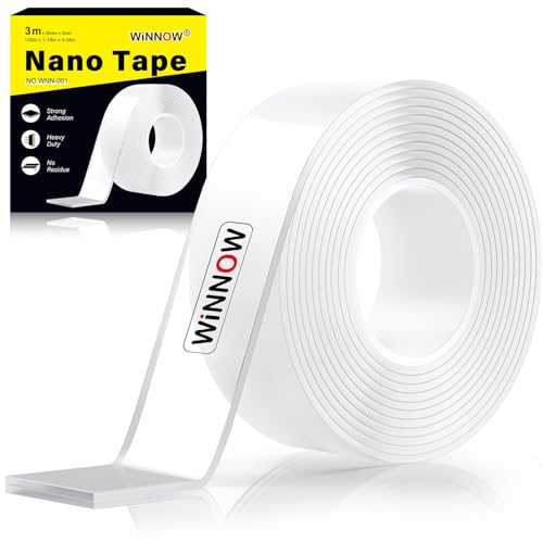 WINNOW Double Sided Heavy Duty Extra Strong Adhesive Tape - 1.2' x 120' (Pack of 1) Indoor/Outdoor Household Nano Tape for Hanging Decorations, Lights, Garlands - Reusable and Damage-Free