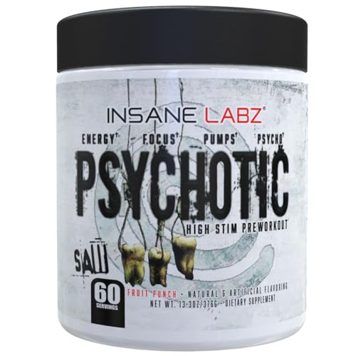 Image of Insane Labz Psychotic Saw, High Stim Pre Workout Powder with OxyGold­ and AMPiberry,Extreme Lasting Energy with Teacrine,Focus with CognitIQ and Endurance (60 Servings, Fruit Punch)