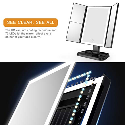 Makeup Mirror Vanity Mirror with Lights - 3 Color Lighting Modes 72 LED Trifold Mirror, Touch Control Design, 1x/2x/3x Magnification, Portable High Definition Cosmetic Lighted Up Mirror (Black) - Thumbnail 2
