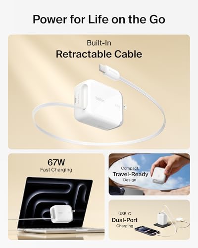 Image of Belkin 67W GaN USB C Retractable Charger Block Fast Charging for Travel | 3.3ft Retractable Cable, USB C Port, iPhone 17, Galaxy S26, AirPods, iPads, MacBook, Travel Charger, Charge Up to 2 Devices
