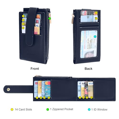 Image of Chelmon Womens Wallet Slim RFID Blocking Bifold Multi Card Case Wallet with Zipper Pocket (Navy Blue)
