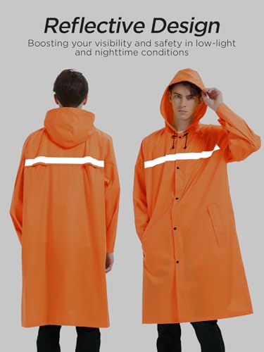 Image of Mens Long Safety Rain Coats with Air Vents Reflective Stripes Waterproof Packable Rain Jacket with Hood Lightweight