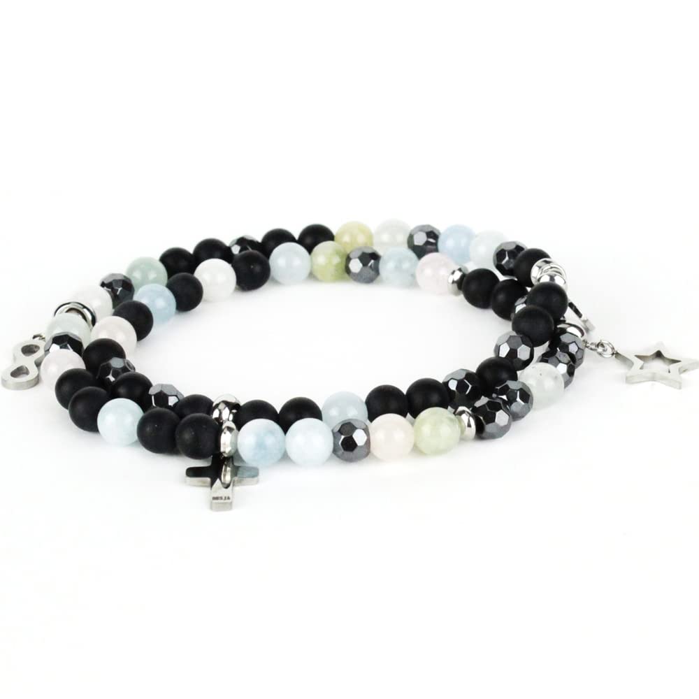 Bracciale doppio giro pietra dura naturale Onice nero ed Morganite con Ematite braccialetto con ciondoli