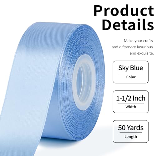 Image of Mauproy 1-1 /2 Inch Wide Sky Blue Satin Ribbon, 50 Yards Solid Polyester Fabric Ribbon for Roses Making, Gift Wrapping, Flower Bouquets, Wedding Decorations, Handmade Crafts