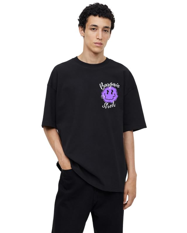 TBS- The Bargain StreetPurple Smiley Black Oversized Sleeves Tshirt
