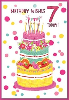 Age 7 Girl Birthday Card - Pink Yellow Green Cake with Pink Foil 7.75x5.25