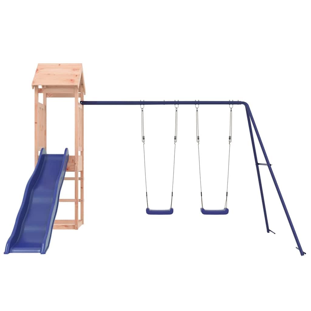 Torre de juego de madera maciza Douglas, juguete de jardín con columpio doble, columpio ondulado, caja de arena y estructura de escalada para niños, juguete exterior estable para aventuras en