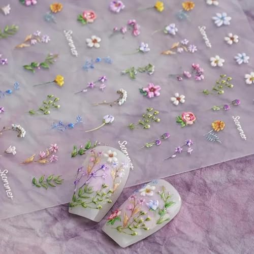 Flower Nail Stickers Summer Floral Leaf Plant 5D Embossed Nail Decals Spring Floral Nail Art Supplies Self-Adhesive Nail Art Design Flowers Stickers for Nails Art Decoration for Women