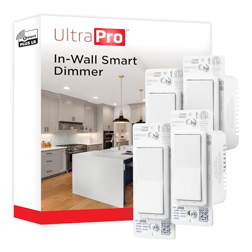 UltraPro Z-Wave Plus Long Range in-Wall Smart Dimmer for Smart Home Automation, 4 Pack, Plastic Yoke, Flying Leads, Single-Pole/3-Way, Hub Required, 76607
